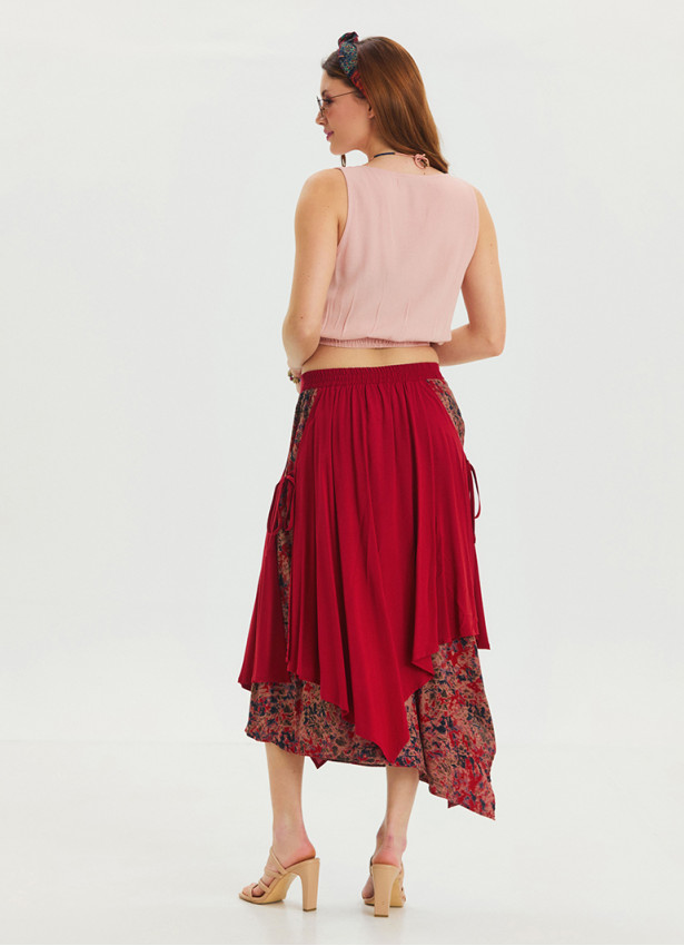 Red Asymmetrical Skirt with Elastic Waist and Tie Detail 4518